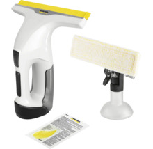 Kit nettoyeur de vitres sans fil Kärcher avec pulvérisateur, bonnette microfibre et concentré de nettoyant pour vitres.