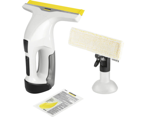 Kit nettoyeur de vitres sans fil Kärcher avec pulvérisateur, bonnette microfibre et concentré de nettoyant pour vitres.