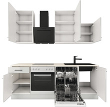 Moderne weisse Küchenzeile mit offenen Schränken, schwarzem Backofen, Kochfeld, Dunstabzugshaube, offenem Geschirrspüler und Spüle mit Armatur.