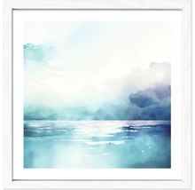 Wandbild im weissen Rahmen mit abstraktem Aquarell-Motiv einer Meereslandschaft unter hellem Wolkenhimmel.