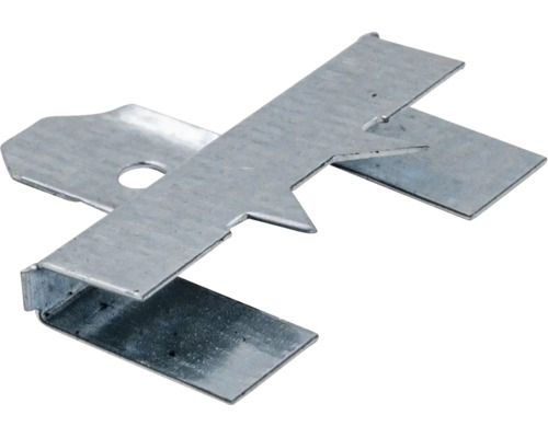Anfangsclip aus verzinktem Metall für WPC-Terrassendielen mit Befestigungsloch und Zacken.