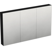Dreitüriger Spiegelschrank für das Badezimmer mit schwarzem Gehäuse.