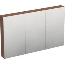 Armoire de toilette à trois portes avec corps en aspect bois pour la salle de bains.