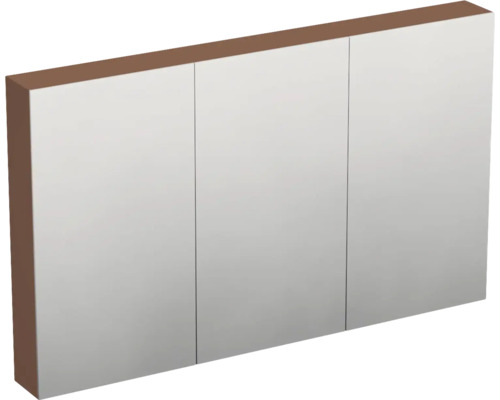 Armoire de toilette à trois portes avec corps en aspect bois pour la salle de bains.