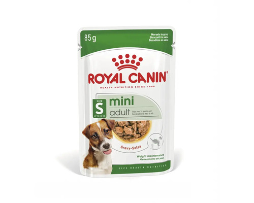 Royal Canin Logo, Nassfutter Mini Adult für ausgewachsene kleine Hunde bis 10 Kilogramm in Sauce, 85 Gramm Beutel