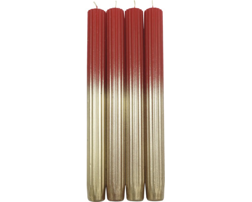 Vier gerippte Stabkerzen mit einem Farbverlauf von Rot zu Gold.