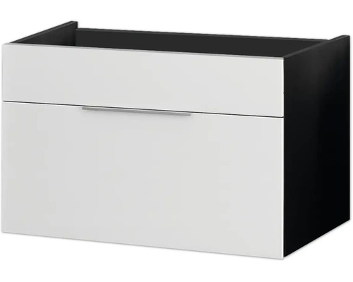 Wandhängender Waschbeckenunterschrank mit weißer Front, schwarzem Korpus und einem Metallgriff.