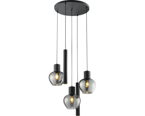 Moderne Pendelleuchte mit fünf Lichtquellen, Metallgehäuse und Glasschirmen, ideal für den Wohnbereich