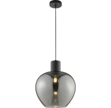 Suspension moderne avec un abat-jour rond en verre teinté et une suspension aspect métal pour un éclairage intérieur décoratif.