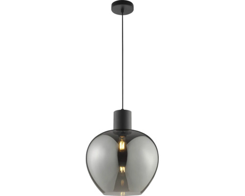 Suspension moderne avec un abat-jour rond en verre teinté et une suspension aspect métal pour un éclairage intérieur décoratif.