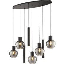 Suspension moderne avec sept sources lumineuses, plaque de plafond ronde et une combinaison de boules de verre et de cylindres métalliques.