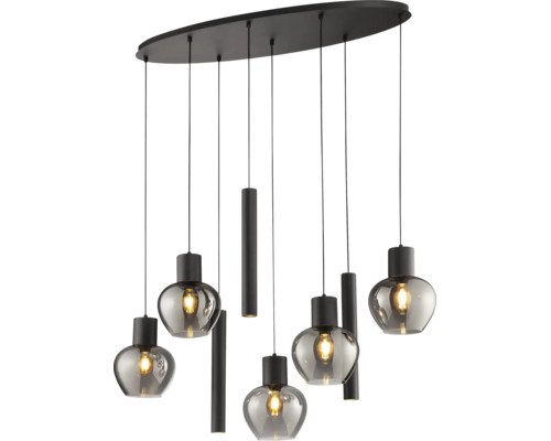 Suspension moderne avec sept sources lumineuses, plaque de plafond ronde et une combinaison de boules de verre et de cylindres métalliques.