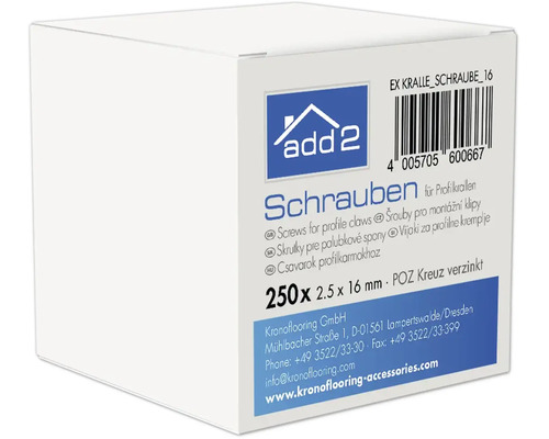 add2 Logo. Schrauben für Profilkrallen 2.5 mal 16 Millimeter Pozidriv Kreuz verzinkt, 250 Stück.