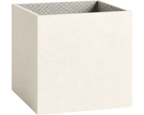 Jardinière carrée en forme de cube avec extérieur lisse et structure intérieure grillagée.