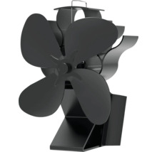 Ventilateur de poêle à quatre pales, alimenté par la chaleur, avec socle et poignée de transport.