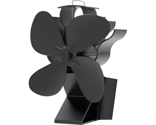 Ventilateur de poêle à quatre pales, alimenté par la chaleur, avec socle et poignée de transport.