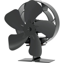 Ventilateur de cheminée noir à cinq pales et anneau de protection.