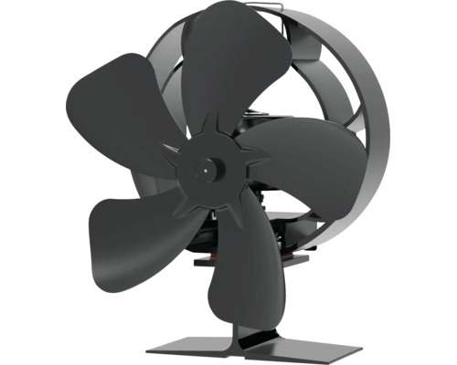 Ventilateur de cheminée noir à cinq pales et anneau de protection.