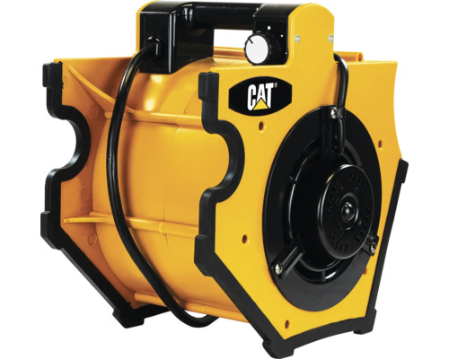 Caterpillar Gebläse aus Kunststoff mit Tragegriff, Drehschalter und Caterpillar Logo.
