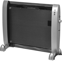 Radiateur mica électrique avec grille noire, boîtier argenté, bouton de commande et pieds.