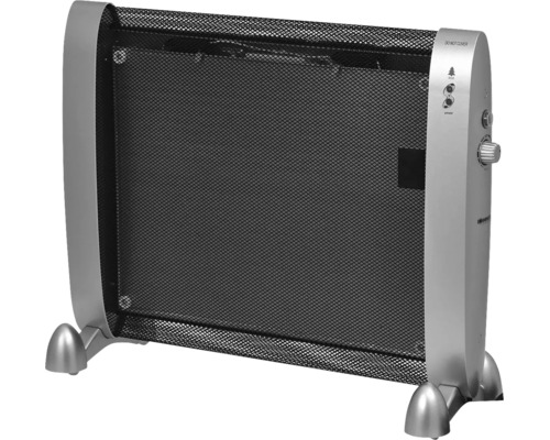Radiateur mica électrique avec grille noire, boîtier argenté, bouton de commande et pieds.