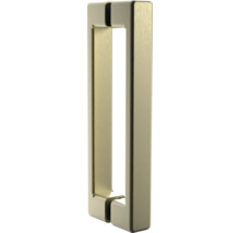 Poignée de porte en métal brossé aspect doré, forme rectangulaire moderne.