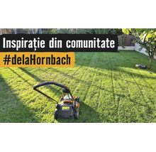 Pelouse bien entretenue avec une tondeuse à gazon et un robot de tonte. Texte Inspiration de la communauté hashtag de chez Hornbach.