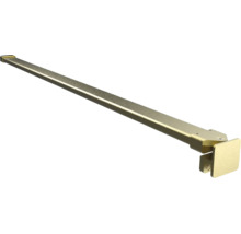 Barre de stabilisation dorée pour paroi de douche, profilé métallique rectangulaire avec pince pour verre et support mural.
