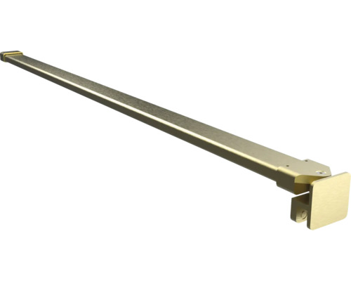 Barre de stabilisation dorée pour paroi de douche, profilé métallique rectangulaire avec pince pour verre et support mural.