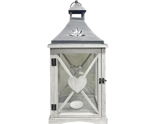 Laterne aus Holz mit Metalldach und Herzdekor im Shabby-Chic-Stil mit Glaseinsätzen.