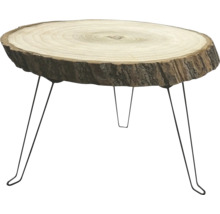 Beistelltisch mit massiver Baumscheibe und schwarzen Haarnadel-Metallbeinen.