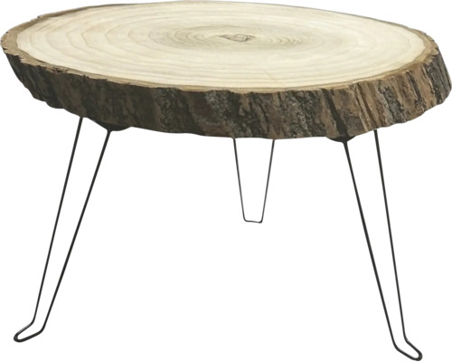 Beistelltisch mit massiver Baumscheibe und schwarzen Haarnadel-Metallbeinen.