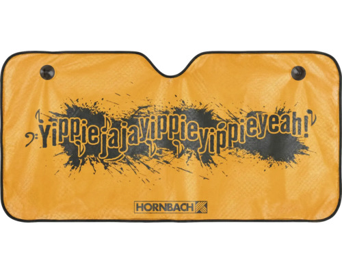 Pare-soleil de voiture Hornbach pour pare-brise avec ventouses, slogan Yippieja-ja-yippie-yippie-yeah! et Hornbach Logo.