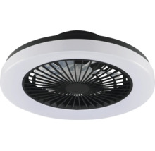 Moderner Deckenventilator mit LED-Beleuchtung und schwarzem Schutzgitter.