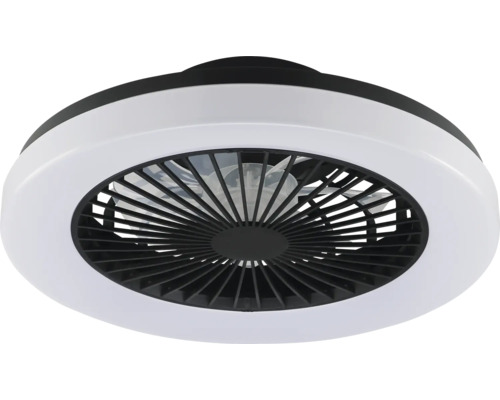Moderner Deckenventilator mit LED-Beleuchtung und schwarzem Schutzgitter.