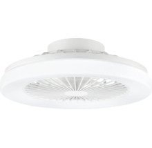 Weißer Deckenventilator mit integrierter LED-Beleuchtung, kompaktes Gehäuse mit Lamellenschutz für den Innenbereich.