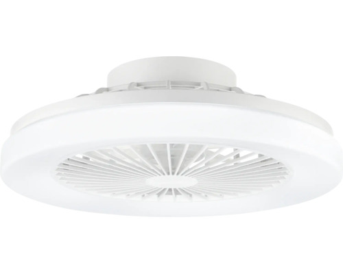 Weißer Deckenventilator mit integrierter LED-Beleuchtung, kompaktes Gehäuse mit Lamellenschutz für den Innenbereich.