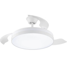 Moderner weißer Deckenventilator mit integrierter Leuchte und ausfahrbaren Flügeln.