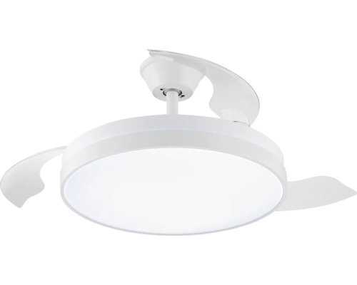 Moderner weißer Deckenventilator mit integrierter Leuchte und ausfahrbaren Flügeln.