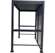 Grill-Pavillon aus Metall mit Lamellendach, einer Seitenwand mit Lamellen und zwei Ablagen.