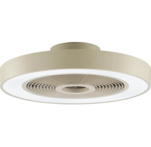 Moderner Deckenventilator mit integriertem LED-Lichtring und rundem Gehäuse.