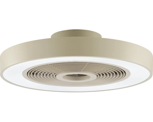 Moderner Deckenventilator mit integriertem LED-Lichtring und rundem Gehäuse.
