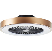 Moderner runder Deckenventilator in Bronze-Optik mit integriertem LED-Lichtring und Schutzgitter.