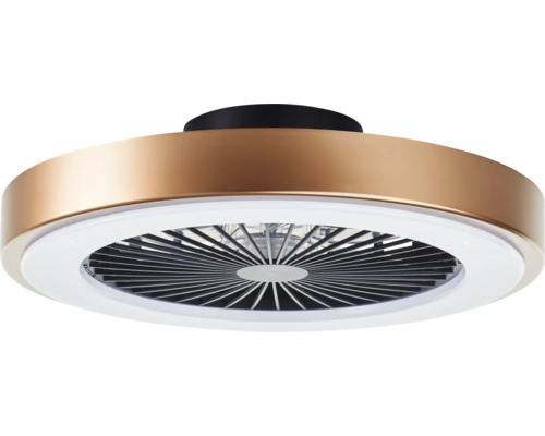 Moderner runder Deckenventilator in Bronze-Optik mit integriertem LED-Lichtring und Schutzgitter.