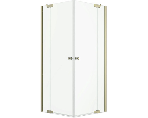 Cabine de douche d angle avec deux portes en verre et ferrures et poignées dorées.