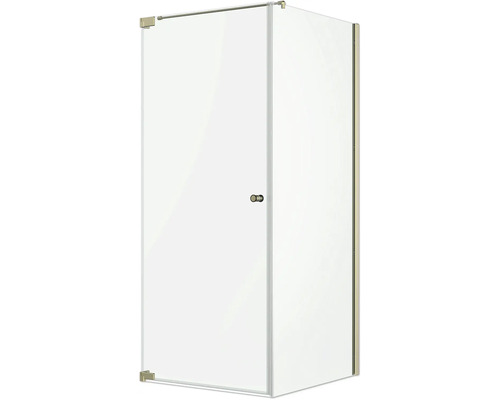 Cabine de douche sans cadre avec porte en verre, paroi latérale et quincaillerie dorée.