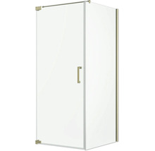 Cabine de douche d'angle en verre avec porte battante, paroi fixe et ferrures métalliques dorées.