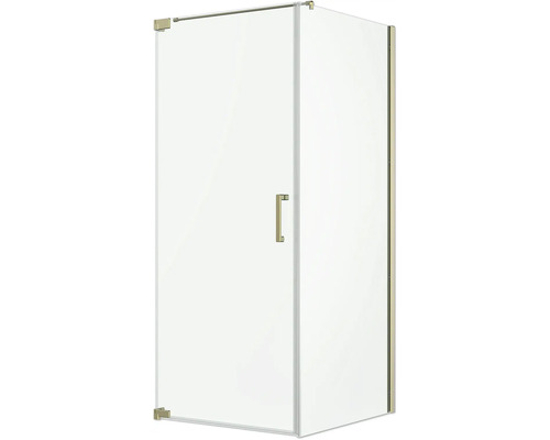 Cabine de douche d'angle en verre avec porte battante, paroi fixe et ferrures métalliques dorées.
