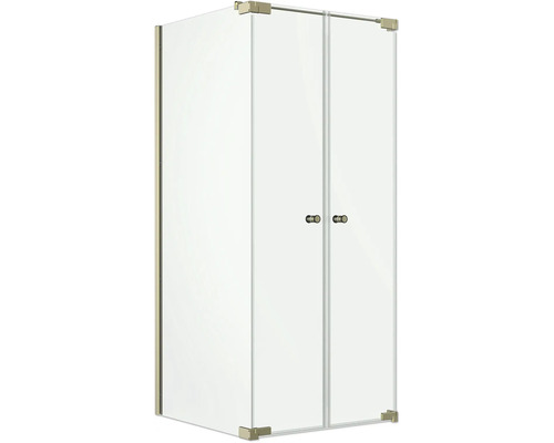 Cabine de douche d'angle en verre clair avec double porte pivotante et ferrures dorées.