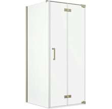 Cabine de douche d'angle avec parois en verre transparent, une porte pivotante et des ferrures en métal.